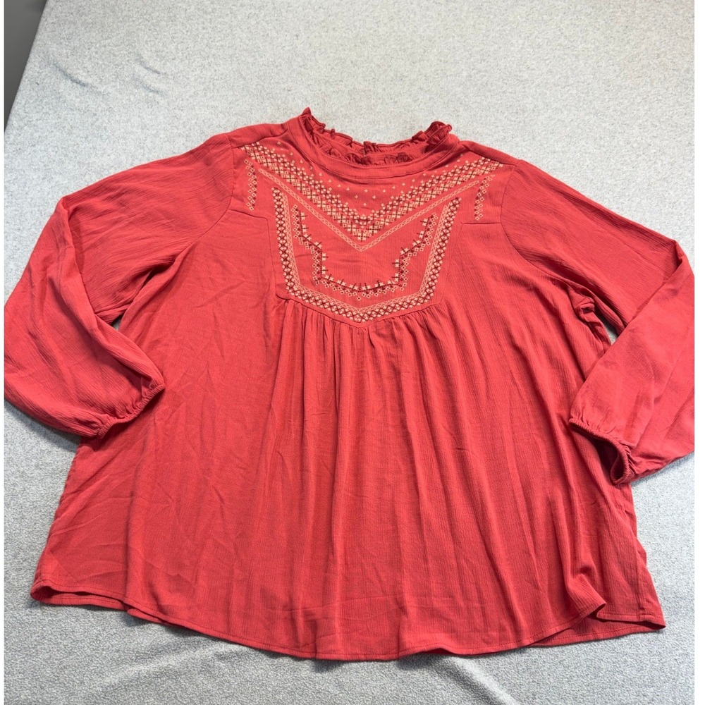 Torrid Women's Size 4X Coral Gauze Blouse Embroidered Boho Peasant Ruffle Neck